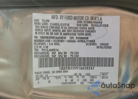 2001 Mercury Sable Ls Premium from USA, damaged, VIN 1MEFM55S91A620247